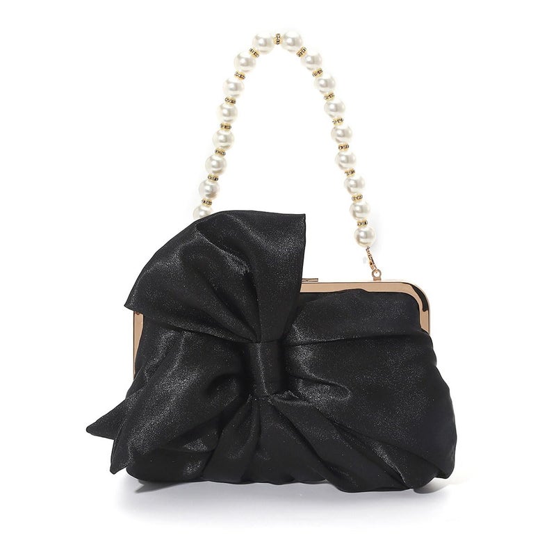 Simcat Womens Clutch Bag,Pleated Satin Handbag Lady Pleated Bow Purse Evening Bag with Chain for Wedding Prom Formal Party (Black B) - Image 1