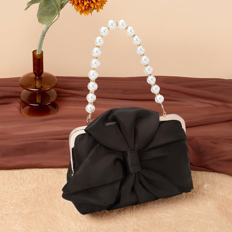 Simcat Womens Clutch Bag,Pleated Satin Handbag Lady Pleated Bow Purse Evening Bag with Chain for Wedding Prom Formal Party (Black B) - Image 3