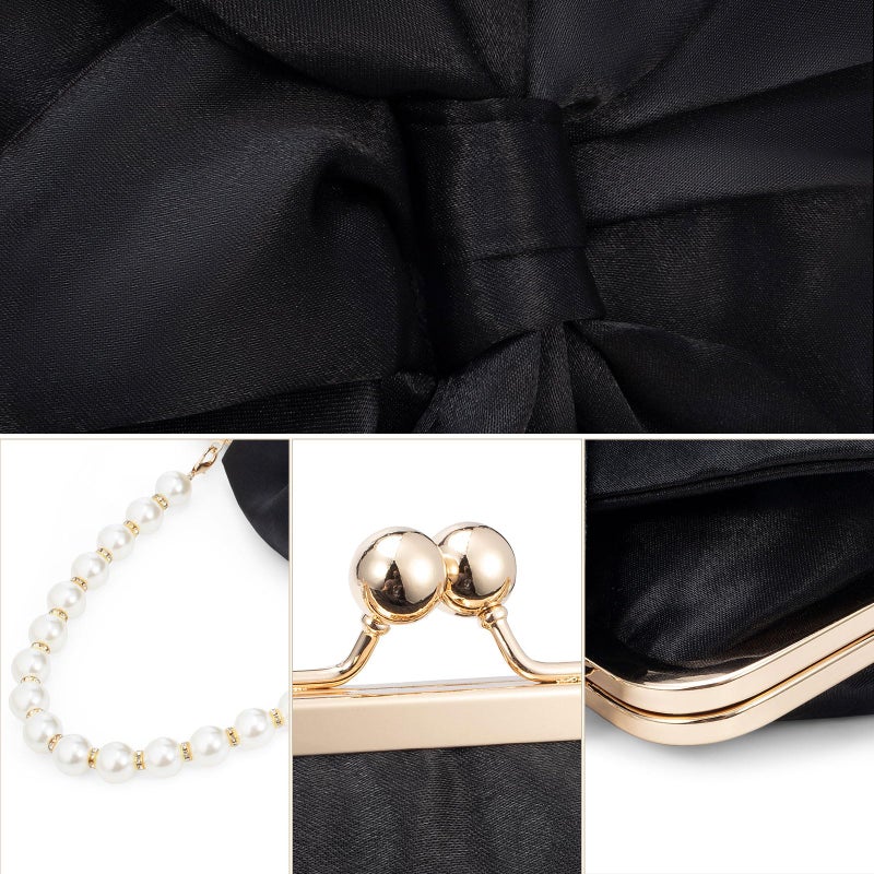 Simcat Womens Clutch Bag,Pleated Satin Handbag Lady Pleated Bow Purse Evening Bag with Chain for Wedding Prom Formal Party (Black B) - Image 5