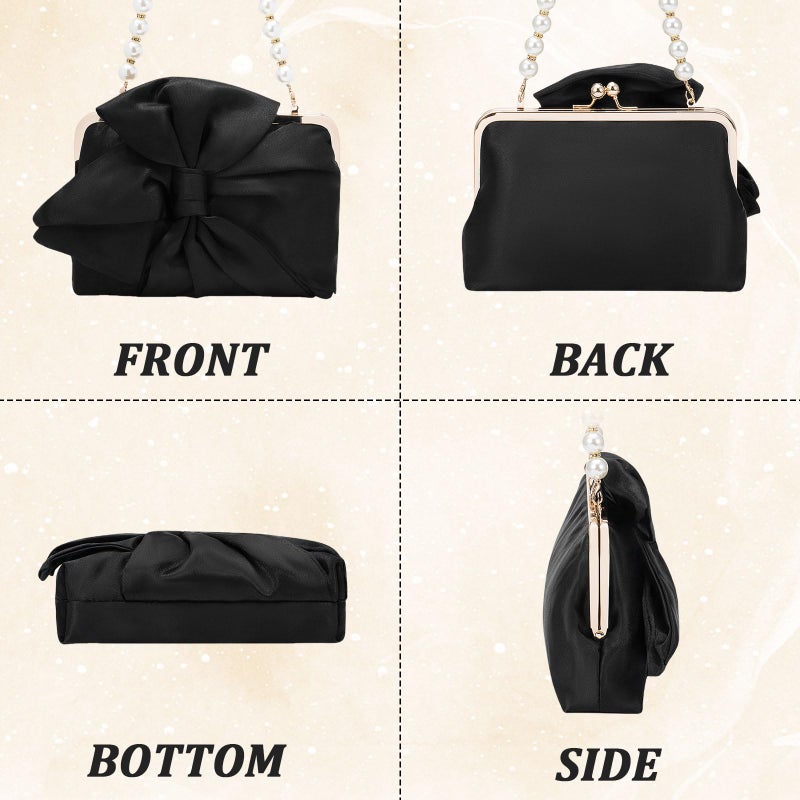 Simcat Womens Clutch Bag,Pleated Satin Handbag Lady Pleated Bow Purse Evening Bag with Chain for Wedding Prom Formal Party (Black B) - Image 4