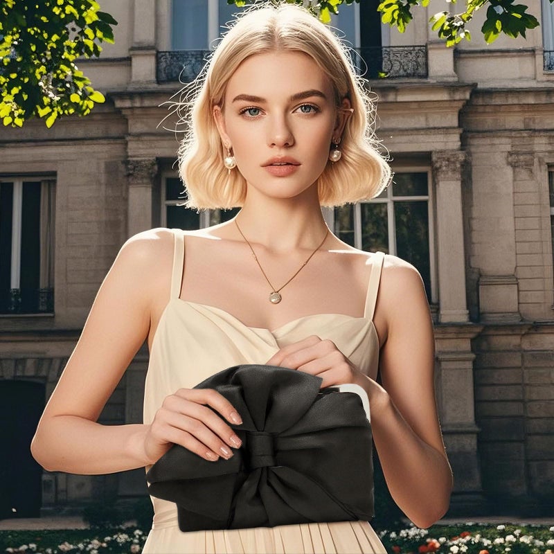 Simcat Womens Clutch Bag,Pleated Satin Handbag Lady Pleated Bow Purse Evening Bag with Chain for Wedding Prom Formal Party (Black B) - Image 2