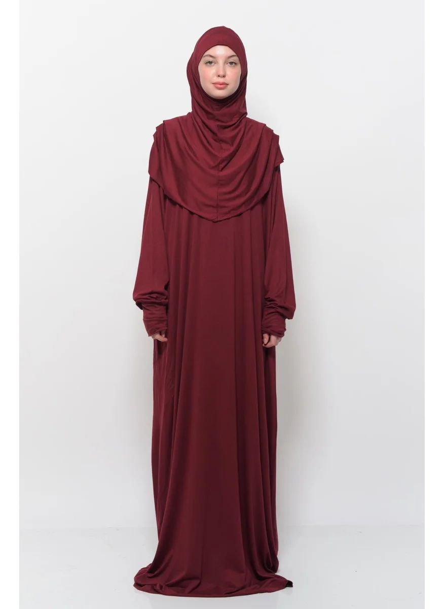 Altobeh Practical One Piece Cotton Bat Sleeves Removable Organic Hijab Prayer Dress with Headscarf - Dark Claret Red