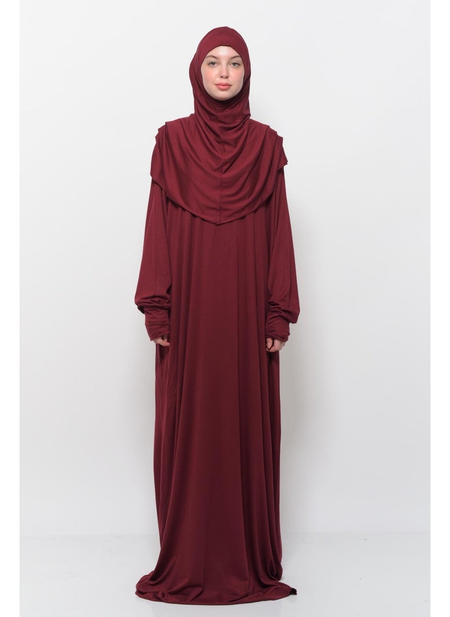 Altobeh Practical One Piece Cotton Bat Sleeves Removable Organic Hijab Prayer Dress with Headscarf - Dark Claret Red  - Image 1