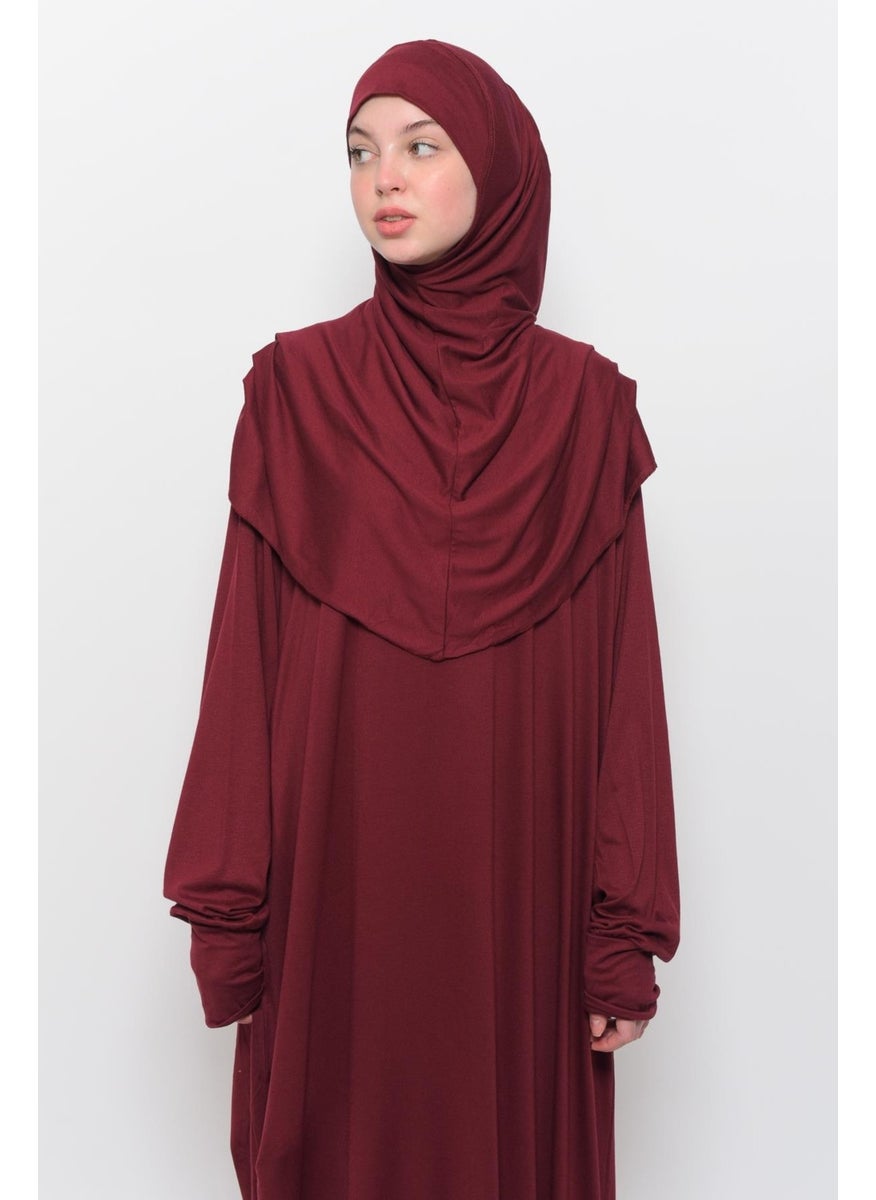 Altobeh Practical One Piece Cotton Bat Sleeves Removable Organic Hijab Prayer Dress with Headscarf - Dark Claret Red  - Image 2