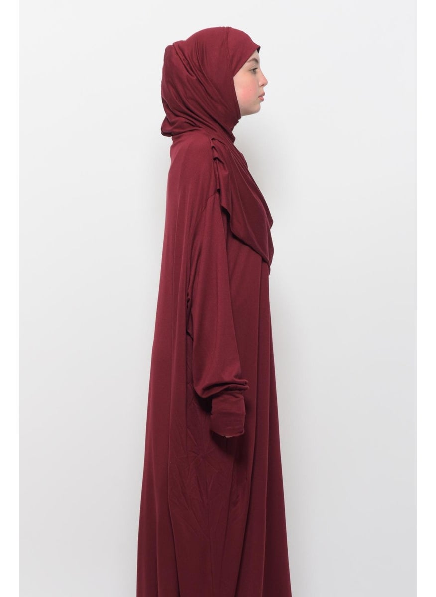 Altobeh Practical One Piece Cotton Bat Sleeves Removable Organic Hijab Prayer Dress with Headscarf - Dark Claret Red  - Image 3
