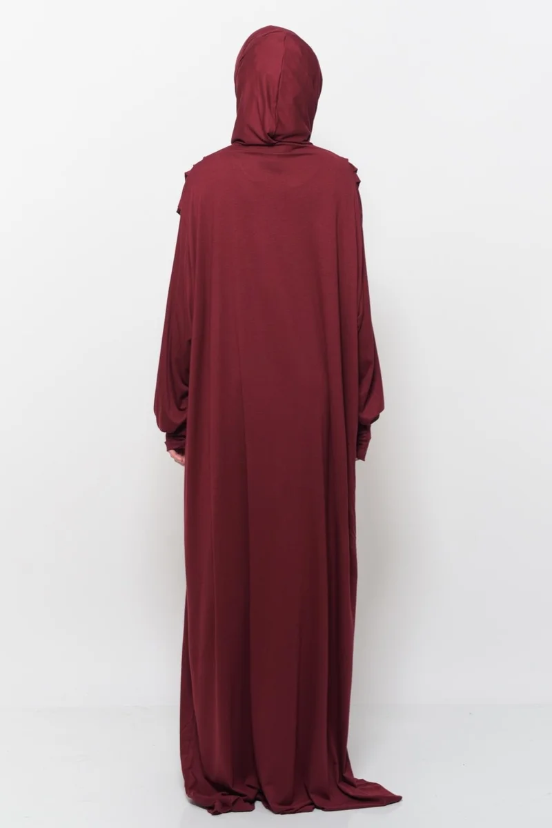 Altobeh Practical One Piece Cotton Bat Sleeves Removable Organic Hijab Prayer Dress with Headscarf - Dark Claret Red