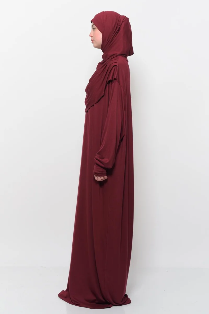 Altobeh Practical One Piece Cotton Bat Sleeves Removable Organic Hijab Prayer Dress with Headscarf - Dark Claret Red