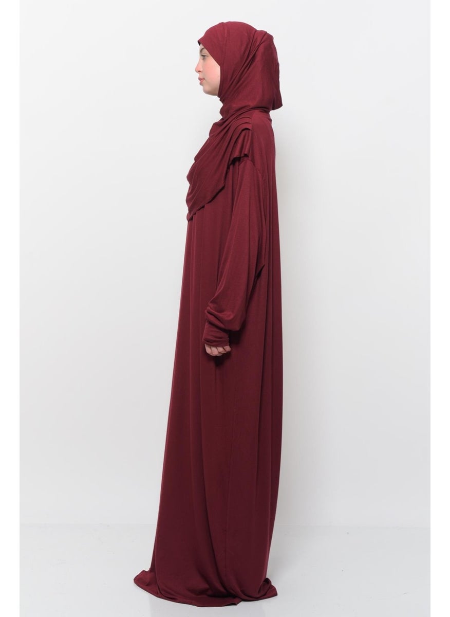 Altobeh Practical One Piece Cotton Bat Sleeves Removable Organic Hijab Prayer Dress with Headscarf - Dark Claret Red  - Image 4