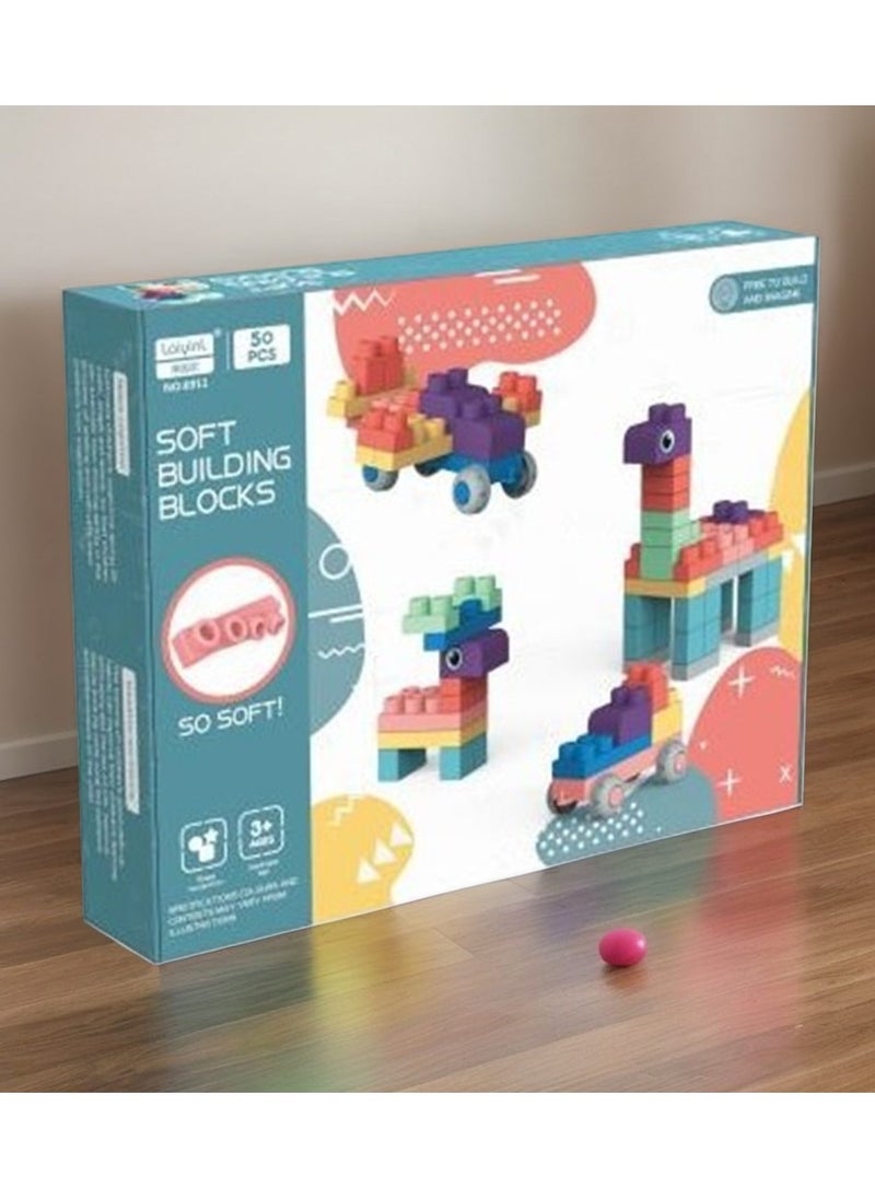 null - 50 PCS Soft Rubber Building Blocks Set, Montessori Education Toy, STEM DIY Blocks for Early Development,3D Boilable Bite- Resistant Teethers, Safe & Smooth Silicone Sensory Stacking Rock, Large Construction Bath Toy for Toddlers, ldeal for Kids Age 12 Months+ - Image 1