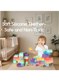 Generic 50 PCS Soft Rubber Building Blocks Set, Montessori Education Toy, STEM DIY Blocks for Early Development,3D Boilable Bite- Resistant Teethers, Safe & Smooth Silicone Sensory Stacking Rock, Large Construction Bath Toy for Toddlers, ldeal for Kids Age 12 Months+  - Image 2
