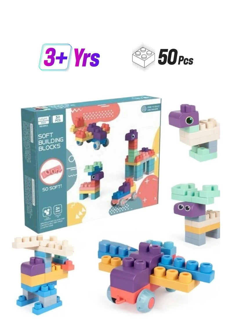 Generic 50 PCS Soft Rubber Building Blocks Set, Montessori Education Toy, STEM DIY Blocks for Early Development,3D Boilable Bite- Resistant Teethers, Safe & Smooth Silicone Sensory Stacking Rock, Large Construction Bath Toy for Toddlers, ldeal for Kids Age 12 Months+  - Image 1