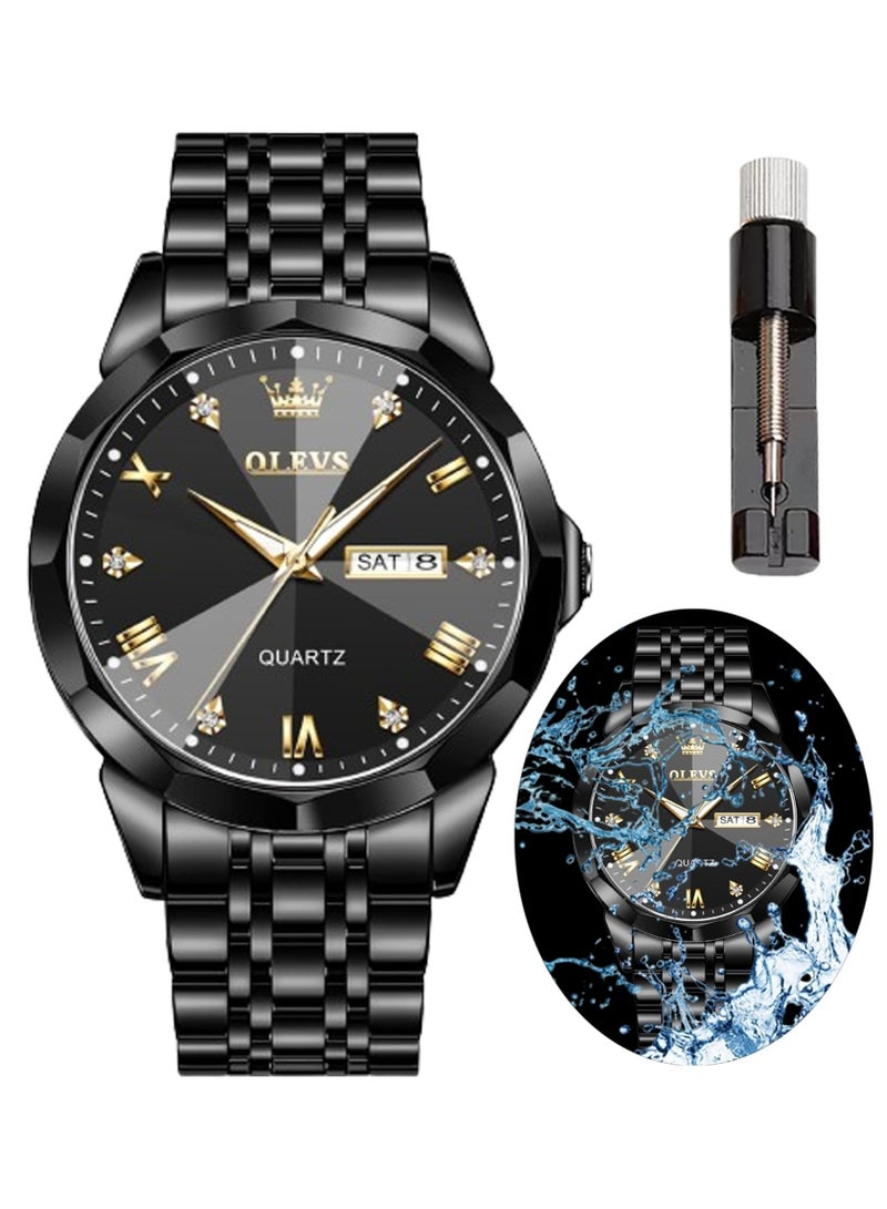 أوليفز ساعة يد فاخرة للرجال بحركة كوارتز من الفولاذ المقاوم للصدأ والماء، ومزودة بخاصية عرض التاريخ مضيئة بلونين - Image 1