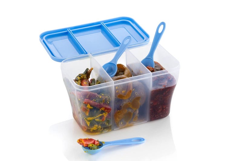 HAPPI Multipurpose Plastic 3 In 1 Masala Box for Kitchen, Spice Boxes for Kitchen, Transparent 3 Section Storage Containers Airtight Dry Fruits Dabba 1100 Ml with 3 Spoons(Sea Green) - Image 4