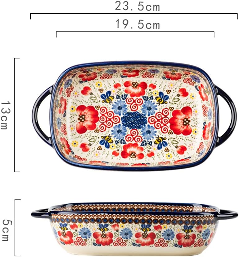 Bicuzat Vintage Style Ceramic Lasagna Dish with Handles for Oven/Kitchen/Cooking - 1 Piece - Red Flowers - 623.7 g - Image 2