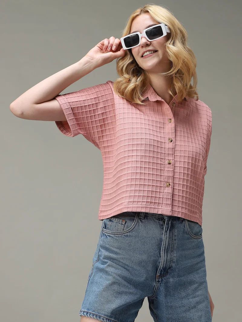 Outzidr pink Pink Cropped Flowy Shirt for Women | Best Price UAE