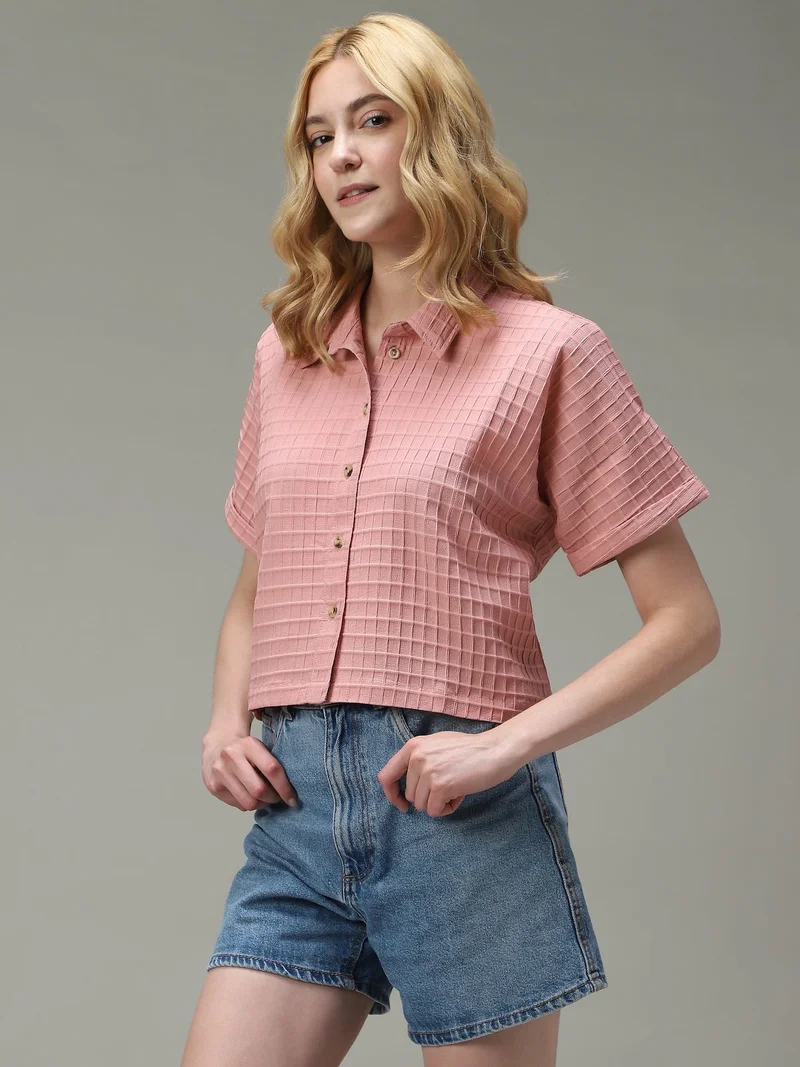 Outzidr pink Pink Cropped Flowy Shirt for Women | Best Price UAE
