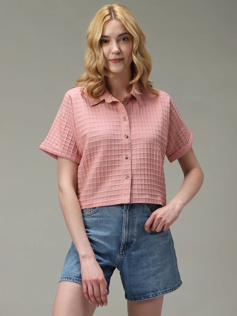 OUTZIDR Pink Cropped Flowy Shirt