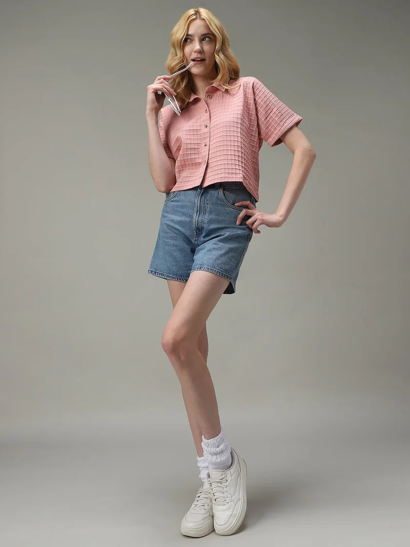 OUTZIDR Pink Cropped Flowy Shirt