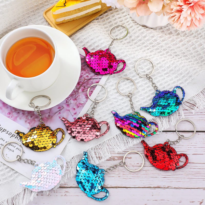 Sureio 24 Pcs Girls Tea Party Keychain Tea Party Favors Teapot Sequin Glitter Flip Sequin Keychain Reversible Teapot Key Chains For Kids Carnival Prizes Girls Birthday Gifts Supplies  8 Colors - Image 4