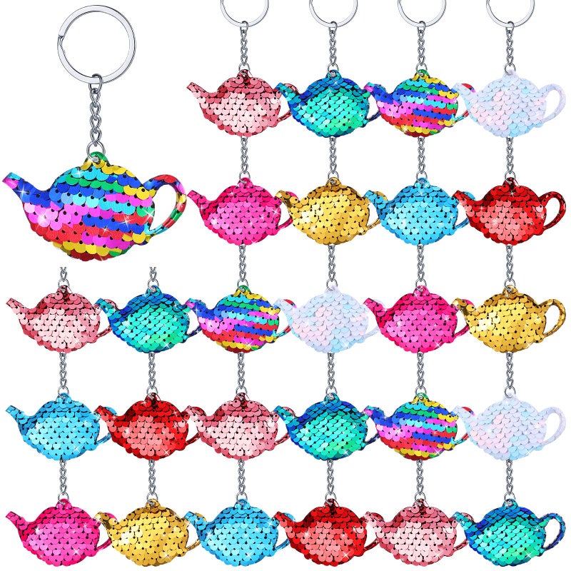 Sureio 24 Pcs Girls Tea Party Keychain Tea Party Favors Teapot Sequin Glitter Flip Sequin Keychain Reversible Teapot Key Chains For Kids Carnival Prizes Girls Birthday Gifts Supplies  8 Colors - Image 1
