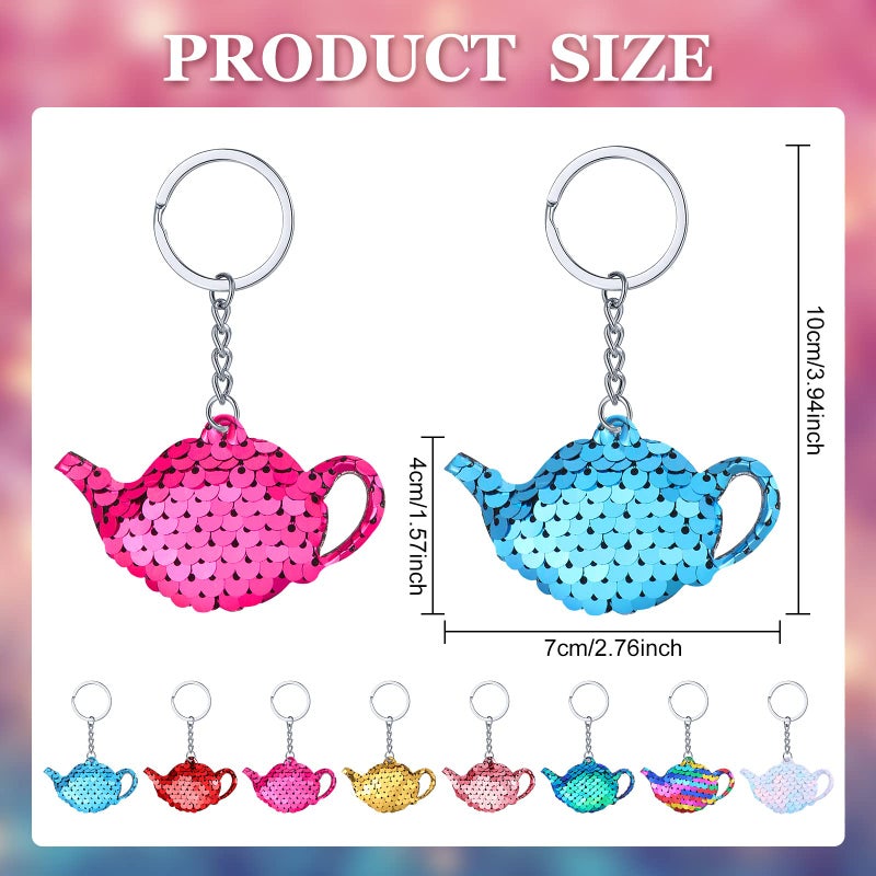 Sureio 24 Pcs Girls Tea Party Keychain Tea Party Favors Teapot Sequin Glitter Flip Sequin Keychain Reversible Teapot Key Chains For Kids Carnival Prizes Girls Birthday Gifts Supplies  8 Colors - Image 2