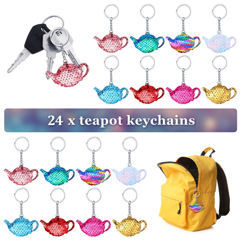 Sureio 24 Pcs Girls Tea Party Keychain Tea Party Favors Teapot Sequin Glitter Flip Sequin Keychain Reversible Teapot Key Chains For Kids Carnival Prizes Girls Birthday Gifts Supplies  8 Colors - Image 3