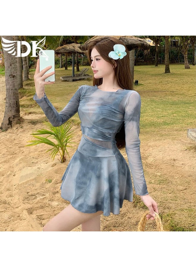 Dk Women's New Swimsuit, Slimming Tie-dye Blue Hot Girl Style, Halter Neck Skirted One-piece Swimwear For Curvy Figures - Image 1