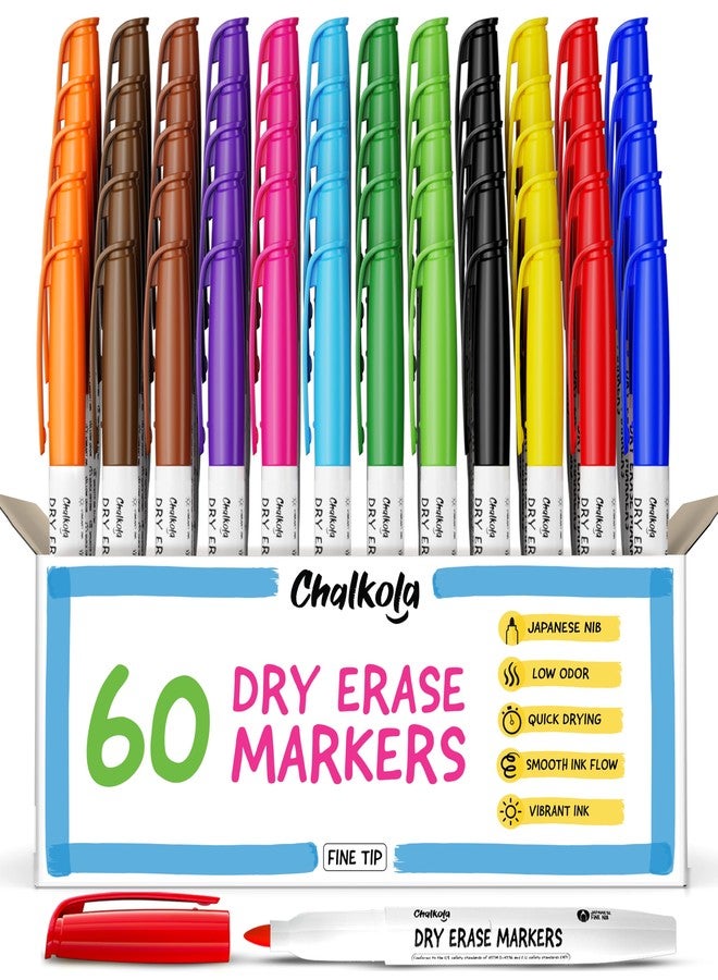 Chalkola 60 Fine Tip Dry Erase Markers Bulk (60 Pack, 12 Colors) | Non toxic, Low Odor Whiteboard Markers for Kids, Teachers, Office, School, Classroom Supplies - Thin Point White Board Dry Erase Pens - Image 1