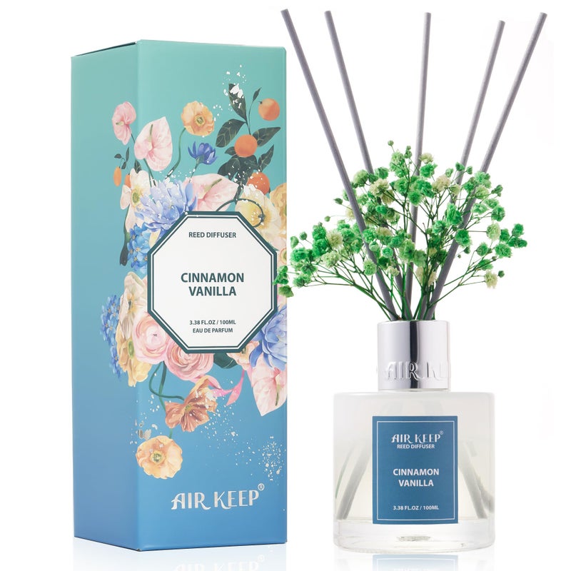 Airkeep Reed Diffuser Set,3.38 fl oz (100 ml) - Cinnamon Vanilla Oil Diffusers with 8 Reed Sticks, Home Fragrance Reed Diffuser for Bathroom Shelf Decor - Image 1