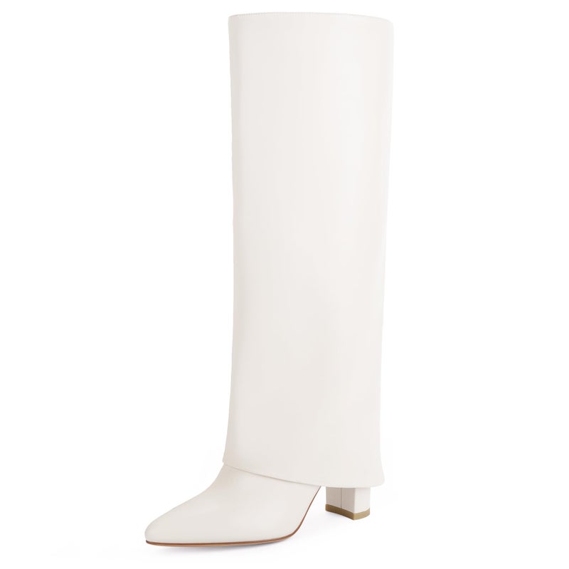 Modatope White Shark Boots for Women Fold Over Knee High Boots Chunky Heel Tall Boots Pointed Toe Long Boots Size 6 - Image 1