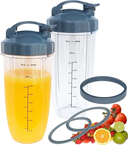 UPGRADE 2pack 32oz Replacement Blender Cups with FlipTop ToGoLid and Rubber Gaskets Compatible with NutriBullet 600w900w Blender