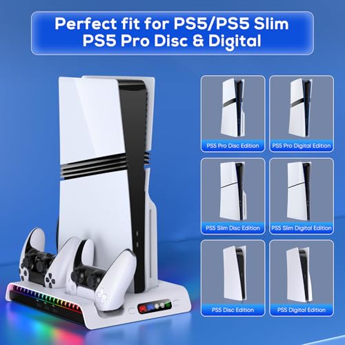 FASTSNAIL Charging Stand with Cooling Fan for PS5 Original/Slim/Pro, Dual Controller Charger Station with 9 RGB Lights, Headset Hook, 3 Cooler Fans and LED, Accessories Kit for PS5/Slim/Pro Console - Image 3