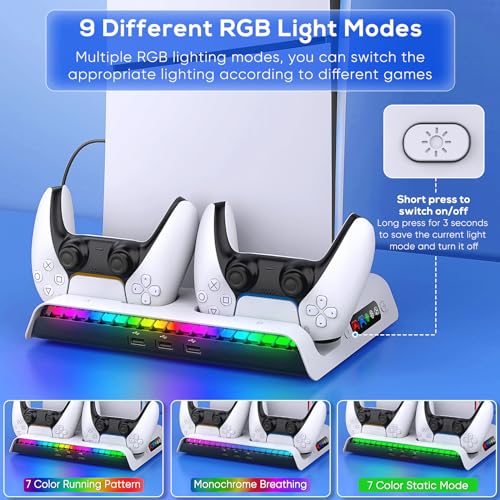 FASTSNAIL Charging Stand with Cooling Fan for PS5 Original/Slim/Pro, Dual Controller Charger Station with 9 RGB Lights, Headset Hook, 3 Cooler Fans and LED, Accessories Kit for PS5/Slim/Pro Console - Image 4