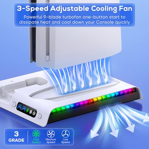 FASTSNAIL Charging Stand with Cooling Fan for PS5 Original/Slim/Pro, Dual Controller Charger Station with 9 RGB Lights, Headset Hook, 3 Cooler Fans and LED, Accessories Kit for PS5/Slim/Pro Console - Image 2