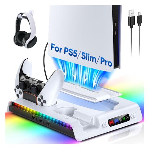 FASTSNAIL Charging Stand with Cooling Fan for PS5 Original/Slim/Pro, Dual Controller Charger Station with 9 RGB Lights, Headset Hook, 3 Cooler Fans and LED, Accessories Kit for PS5/Slim/Pro Console - Image 1