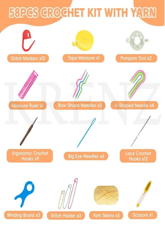 KRENZ 59 Pcs All in One Crochet Kit for Beginners Crochet Starter Set with Colorful Yarn, Crochet Hooks, Stitch Markers & Organizer Bag Ideal for Kids & Adult - Image 2