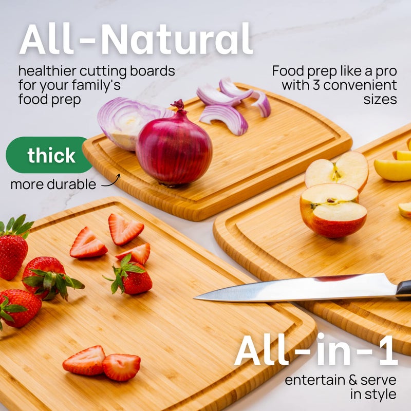 GREENER CHEF Organic Bamboo Cutting Board Set of 3 with Lifetime Replacements - 62% More Cutting Area, Single Tone Wood Chopping Boards with Juice Groove for Meat, Vegetables, and Cheese - Image 4