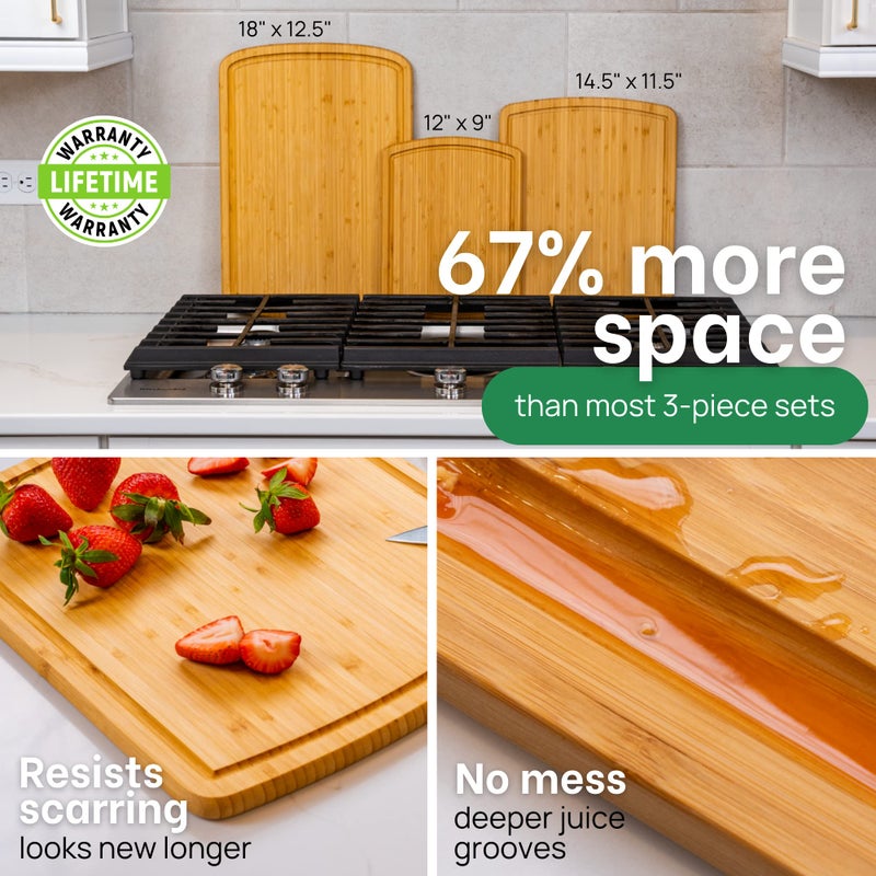 GREENER CHEF Organic Bamboo Cutting Board Set of 3 with Lifetime Replacements - 62% More Cutting Area, Single Tone Wood Chopping Boards with Juice Groove for Meat, Vegetables, and Cheese - Image 3