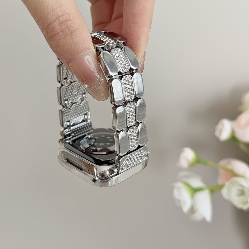 Rose Golden Metal Watch Band With Diamond Grid For Apple Watch 42 44 45 46 49mm - Image 1