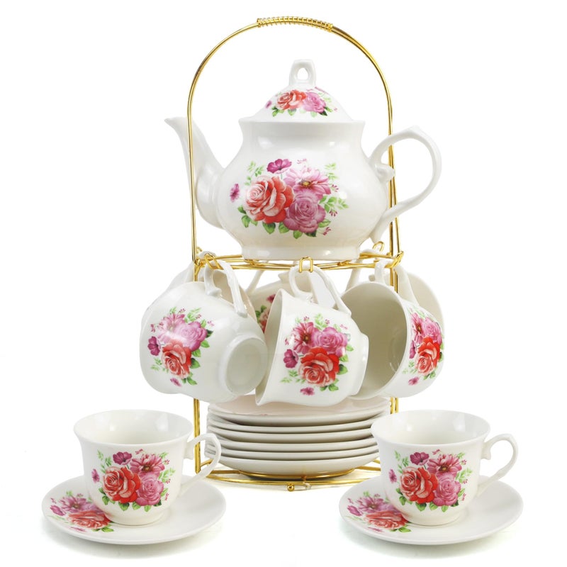 TATSUMI 20-Pieces Tea Set For Adult with Golden Metal Rack,Porcelain Tea Sets For Women,Tea Gift Sets for Home&Party(015) (K019) - Image 2