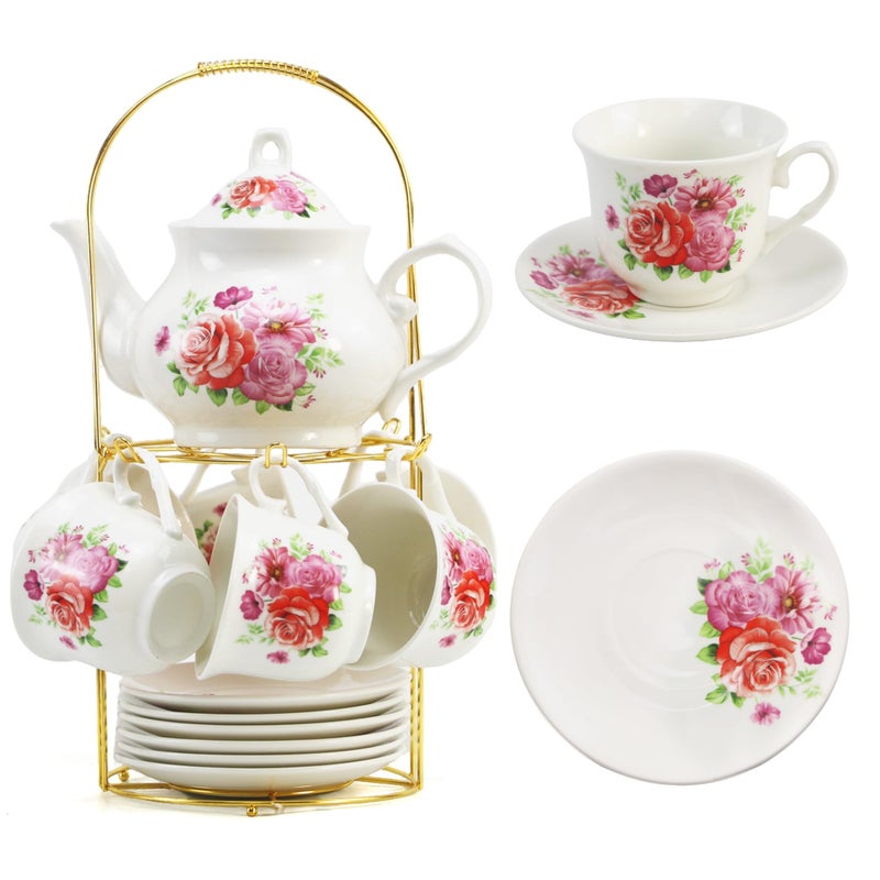 TATSUMI 20-Pieces Tea Set For Adult with Golden Metal Rack,Porcelain Tea Sets For Women,Tea Gift Sets for Home&Party(015) (K019) - Image 1