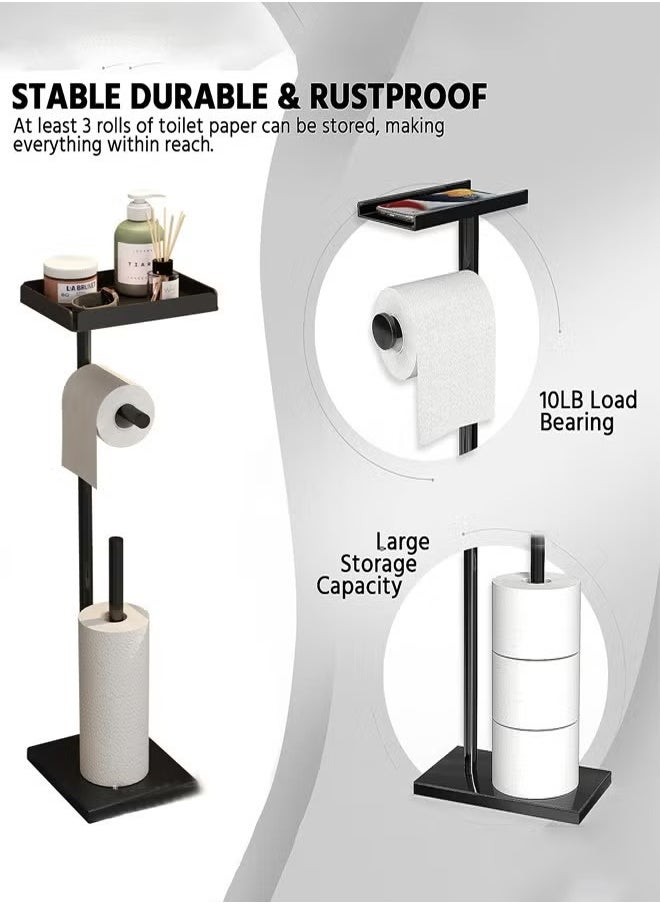 MIXDE - Black Toilet Paper Holder Stand Free Standing Toilet Paper Storage Holder with Shelf Bathroom Floor Toilet Paper Roll Holder Stand Up Tissue Toilet Paper Dispenser - Image 1