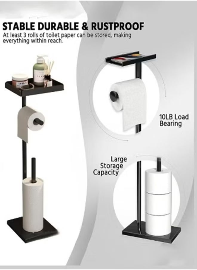 MIXDE - Black Toilet Paper Holder Stand Free Standing Toilet Paper Storage Holder with Shelf Bathroom Floor Toilet Paper Roll Holder Stand Up Tissue Toilet Paper Dispenser - Image 1