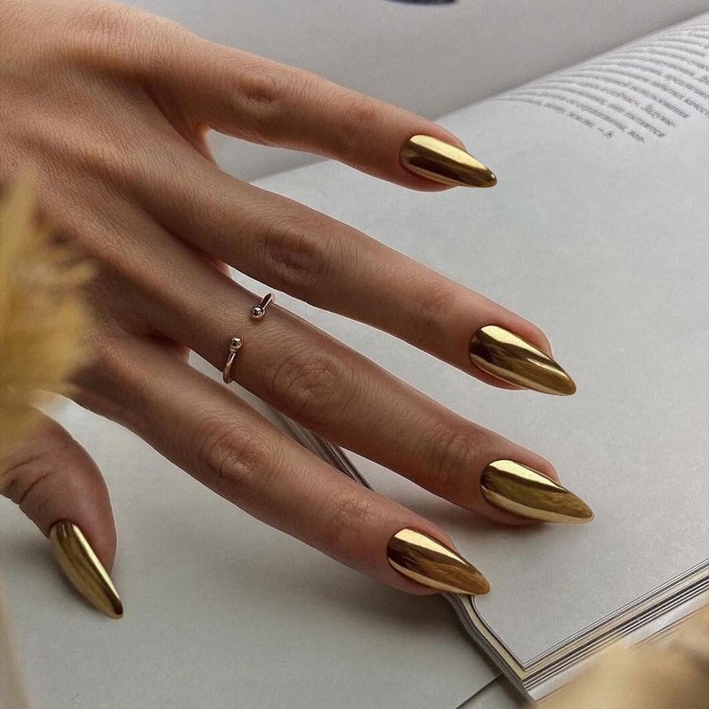 KQueenest Chrome Gold Press on Nails Medium Almond, KQueenest Mirror Metal Stiletto Fake Acrylic Nails with Bling Design, Cute Medium Glue on Nails for Prom Party Wear, Glazed False Nails Press ons in 24 Pcs - Image 1