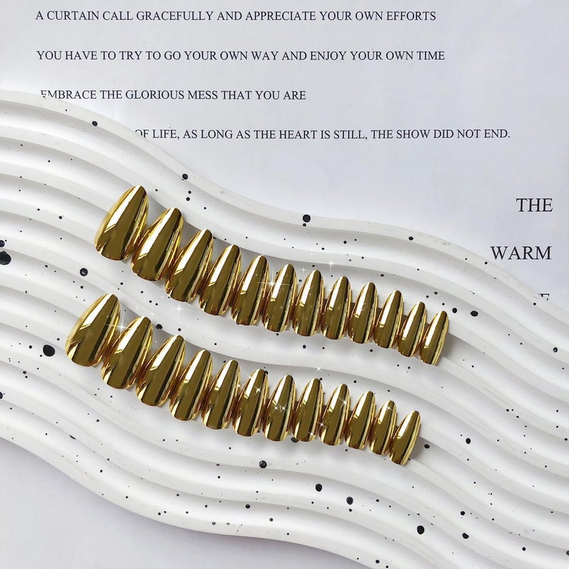 KQueenest Chrome Gold Press on Nails Medium Almond, KQueenest Mirror Metal Stiletto Fake Acrylic Nails with Bling Design, Cute Medium Glue on Nails for Prom Party Wear, Glazed False Nails Press ons in 24 Pcs - Image 3