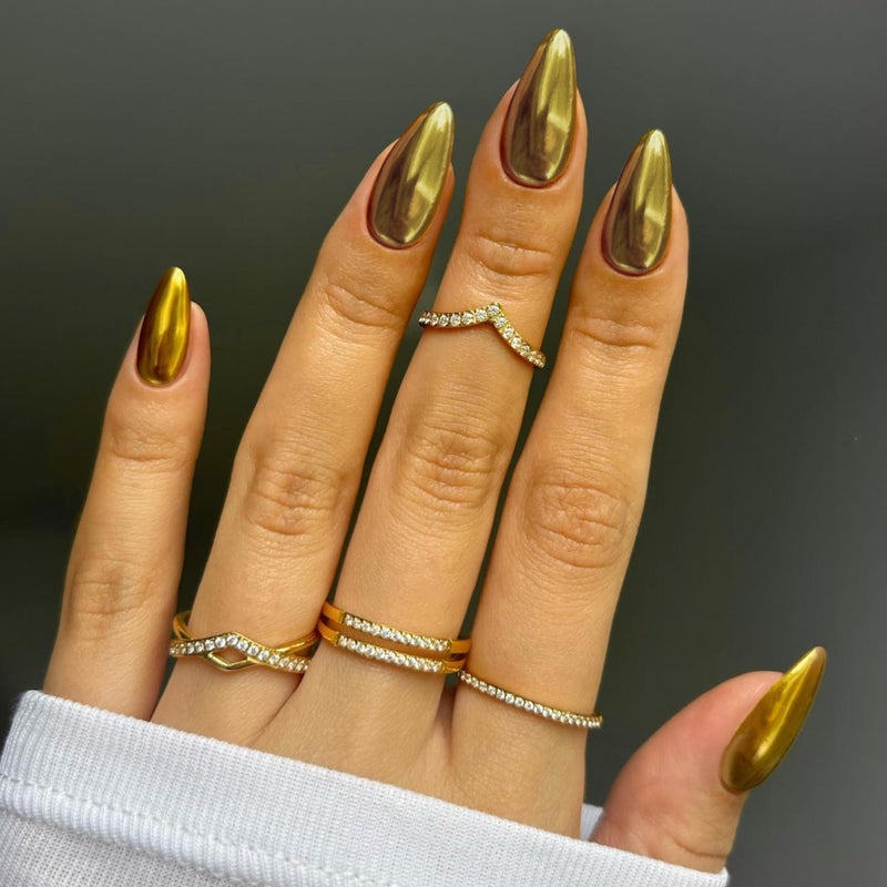 KQueenest Chrome Gold Press on Nails Medium Almond, KQueenest Mirror Metal Stiletto Fake Acrylic Nails with Bling Design, Cute Medium Glue on Nails for Prom Party Wear, Glazed False Nails Press ons in 24 Pcs - Image 2