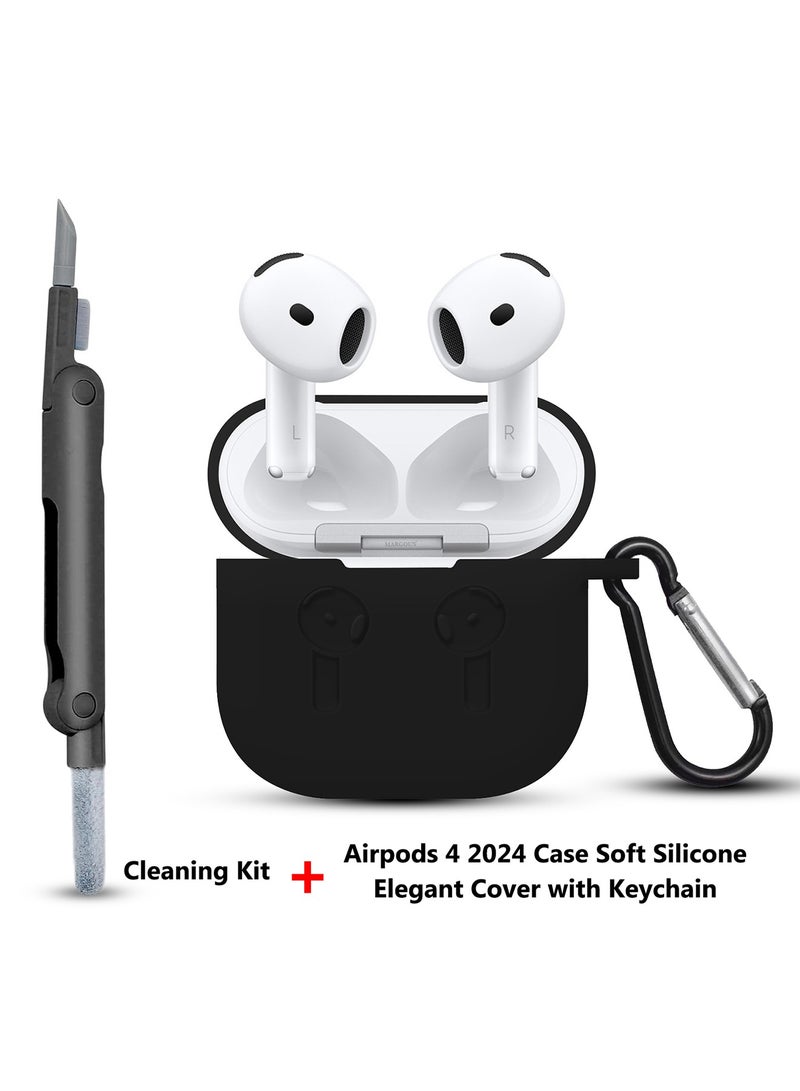 CATANES ( for Apple Airpods 4 2024 ) Case with Cleaner Kit Shockproof Protective Soft Silicone Case Cover with Carabiner Keychain - Black Case Black Cleaner  - Image 2