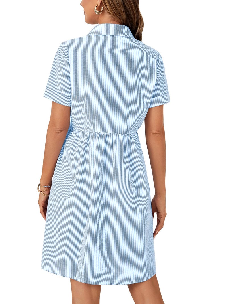 Rooscier Women's Collared Neck Striped Shirt Dress Button Down Short Sleeve Mini Dress Solid Blue Large - Image 5