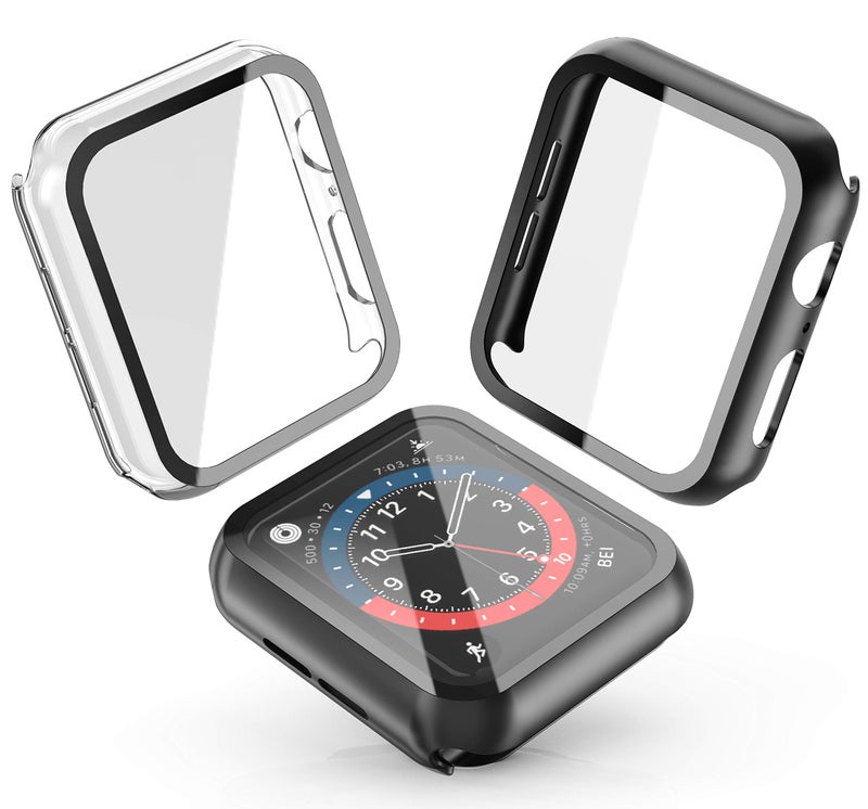 JULK Apple Watch Series 6/SE/5/4 44mm 2-Pack Hard PC Case with Slim Tempered Glass Screen Protector, Black+Transparent - Image 2