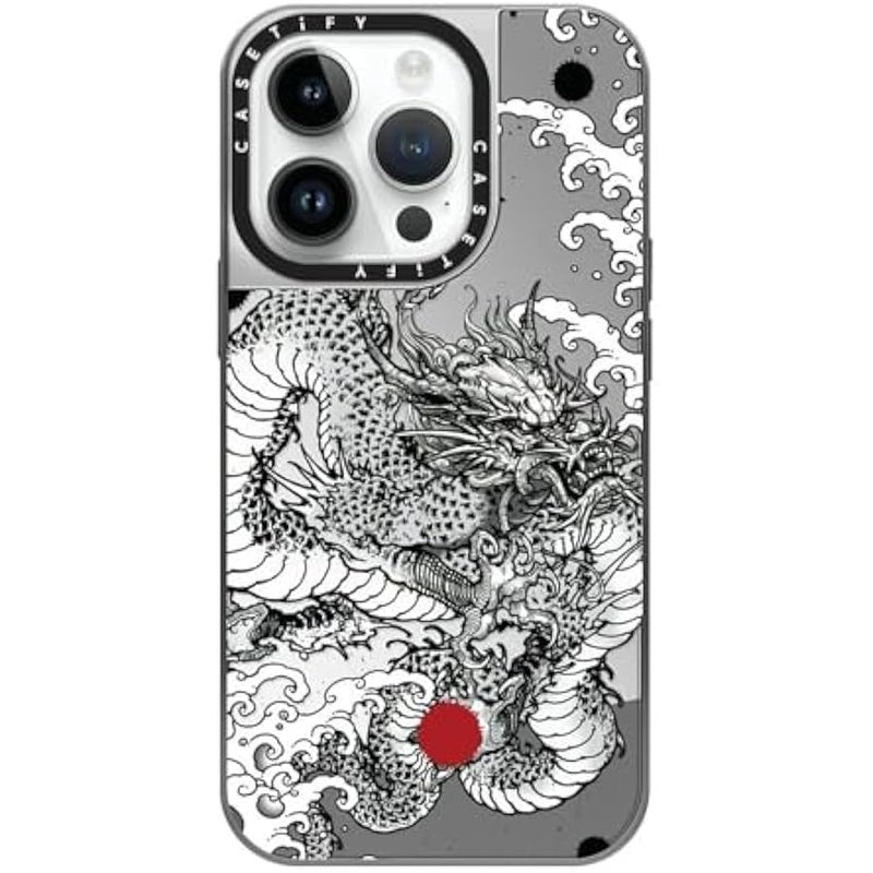 Casetify Mirror Case for iPhone 14 Pro Compatible with Magsafe - Power Dragon - Silver on Silver - Image 1